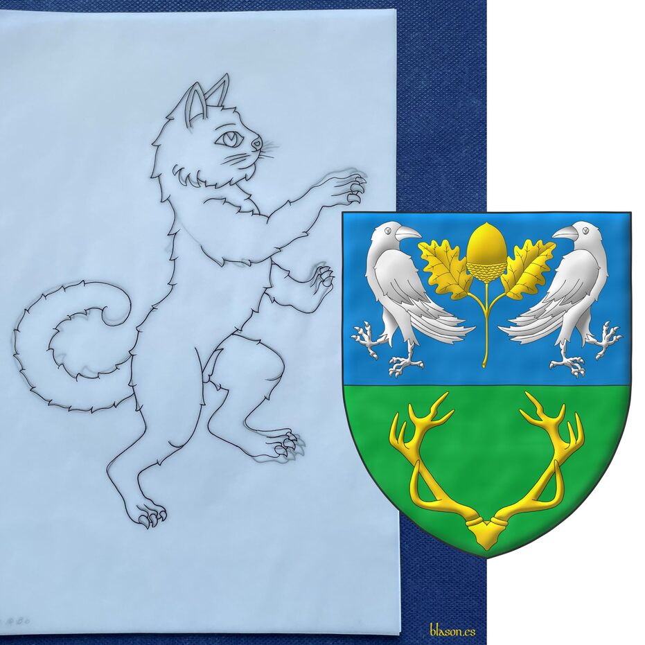 Escudo cortado: 1o de azur, una bellota hojada y tallada de oro, acompa�ada de dos cuervos de espaldas y contornados de plata; 2o de sinople, una masacre de oro. Soporte: Diestro, un gato rampante de plata.