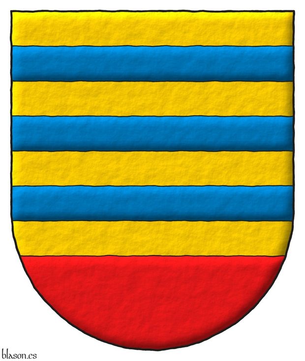 Escudo de oro, tres burelas de azur; la punta de gules.