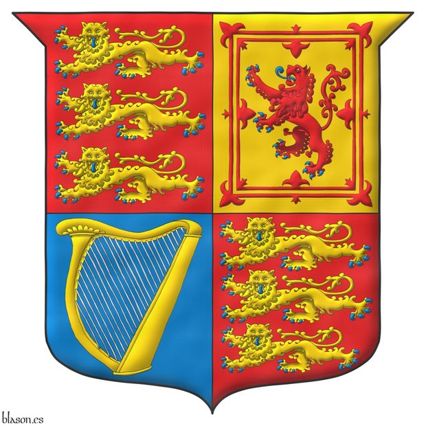 Quarterly: 1 and 4 Gules, three lions passant, guardant, in pale Or, armed and langued Azure; 2 Or, a lion rampant Gules, armed and langued Azure, within a double tressure flory counterflory Gules; 3 Azure, a harp Or, stringed Argent.