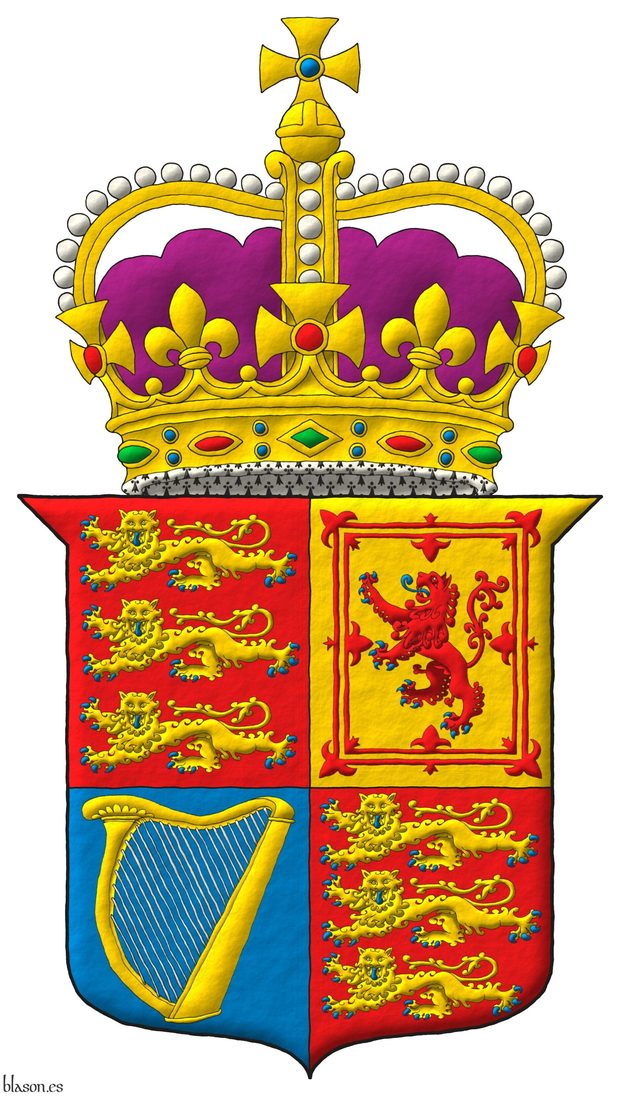 Quarterly: 1 and 4 Gules, three lions passant, guardant, in pale Or, armed and langued Azure; 2 Or, a lion rampant Gules, armed and langued Azure, within a double tressure flory counterflory Gules; 3 Azure, a harp Or, stringed Argent. Crest: A crown proper.