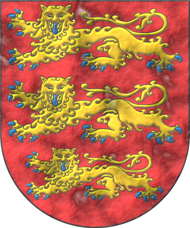 Escudo de gules, tres leopardos en palo de oro, armados y lampasados de azur.