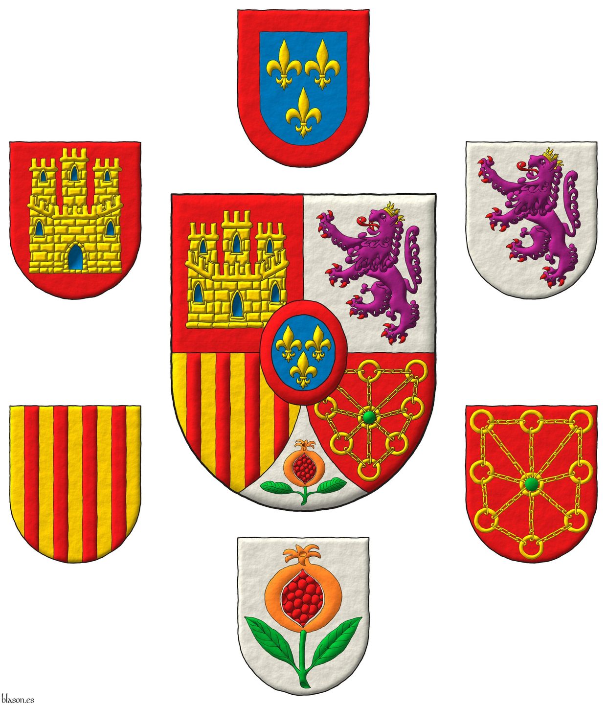 Escudo cuartelado: 1o de gules, un castillo de oro, aclarado de azur, mazonado de sable [de Castilla]; 2o de plata, un le�n rampante de p�rpura, lampasado y armado de gules, coronado de oro [de Le�n]; 3o de oro, con cuatro palos de gules [de Arag�n]; 4o de gules, una cadena puesta en orla, en cruz y en sotuer de oro, cargada en el centro de una esmeralda de sinople [de Navarra]; entado en punta de plata, una granada al natural, tajada de gules, tallada y hojada de sinople [de Granada]; un escus�n de azur, tres flores de lis de oro, 2 y 1, una bordura de gules [de Borb�n].