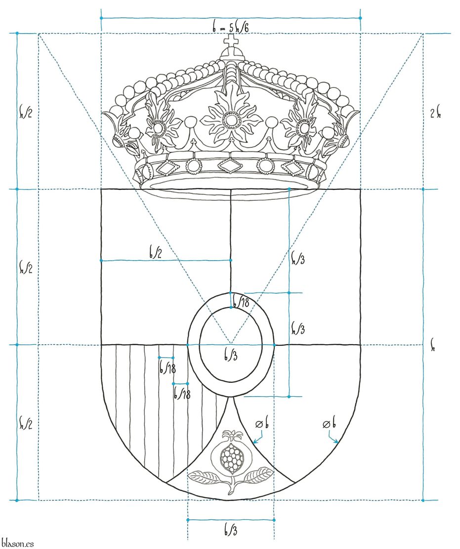 Escudo cuartelado: 1o de gules, un castillo de oro, aclarado de azur, mazonado de sable [de Castilla]; 2o de plata, un le�n rampante de p�rpura, lampasado y armado de gules, coronado de oro [de Le�n]; 3o de oro, con cuatro palos de gules [de Arag�n]; 4o de gules, una cadena puesta en orla, en cruz y en sotuer de oro, cargada en el centro de una esmeralda de sinople [de Navarra]; entado en punta de plata, una granada al natural, tajada de gules, tallada y hojada de sinople [de Granada]; un escus�n de azur, tres flores de lis de oro, 2 y 1, una bordura de gules [de Borb�n].