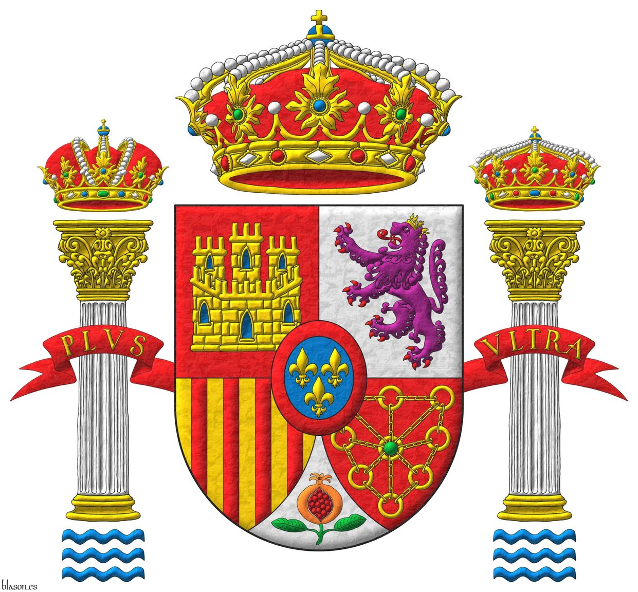 Escudo cuartelado: 1o de gules, un castillo de oro, aclarado de azur, mazonado de sable [de Castilla]; 2o de plata, un len rampante de prpura, lampasado y armado de gules, coronado de oro [de Len]; 3o de oro, con cuatro palos de gules [de Aragn]; 4o de gules, una cadena puesta en orla, en cruz y en sotuer de oro, cargada en el centro de una esmeralda de sinople [de Navarra]; entado en punta de plata, una granada al natural, tajada de gules, tallada y hojada de sinople [de Granada]; un escusn de azur, tres flores de lis de oro, 2 y 1, una bordura de gules [de Borbn]. Timbrado de una corona real cerrada. Soportes: Dos columnas de oro, fustadas de plata acompaadas en punta de ondas de azur y en jefe de una corona imperial la diestra y de una corona real cerrada la siniestra. Lema rodeando las columnas y pasando detrs del escudo: Plus Ultra de oro sobre una filacteria de gules.