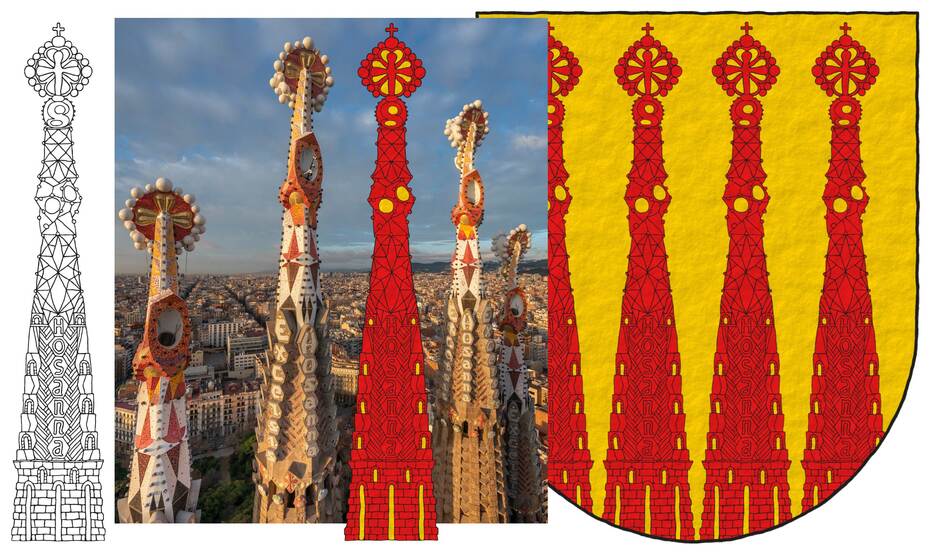 Or, four bell towers issuant from base Gules, windows Or.