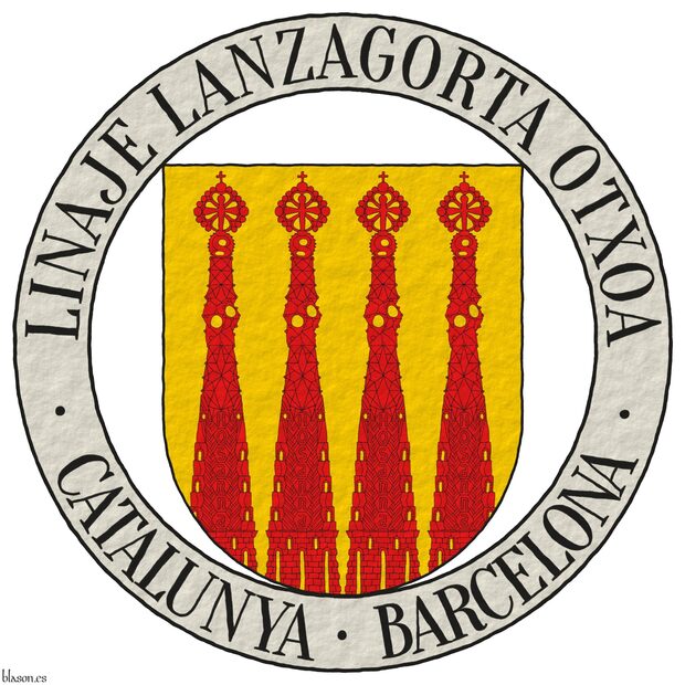Or, four bell towers issuant from base Gules, windows Or. Motto around the shield: �Linaje Lanzagorta Otxoa � Catalunya � Barcelona� Sable over a scroll Argent.