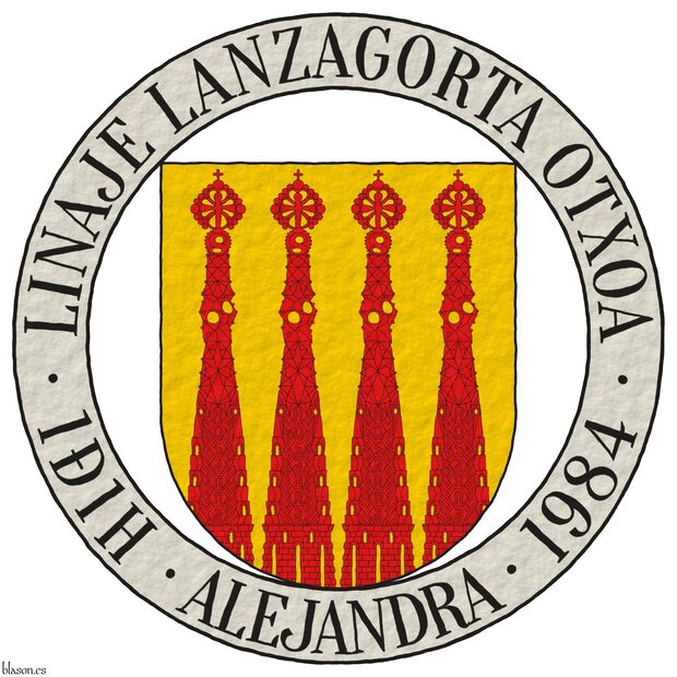Escudo de oro, cuatro campanarios movientes de la punta de gules, aclarados de oro. Divisa alrededor del escudo: �Linaje Lanzagorta Otxoa � 1&ETH1H � Sandra � 1984� de sable sobre una filacteria de plata.