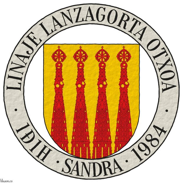 Escudo de oro, cuatro campanarios movientes de la punta de gules, aclarados de oro. Divisa alrededor del escudo: Linaje Lanzagorta Otxoa  1&ETH1H  Sandra  1984 de sable sobre una filacteria de plata.