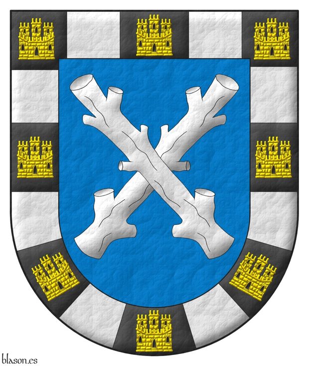 Azure, two trunks of a tree raguly, couped at random, in saltire Argent; a bordure compony of sixteen sections, eight sable charged with a castle triple-towered Or, port, windows, and masoned Sable, and eight Argent