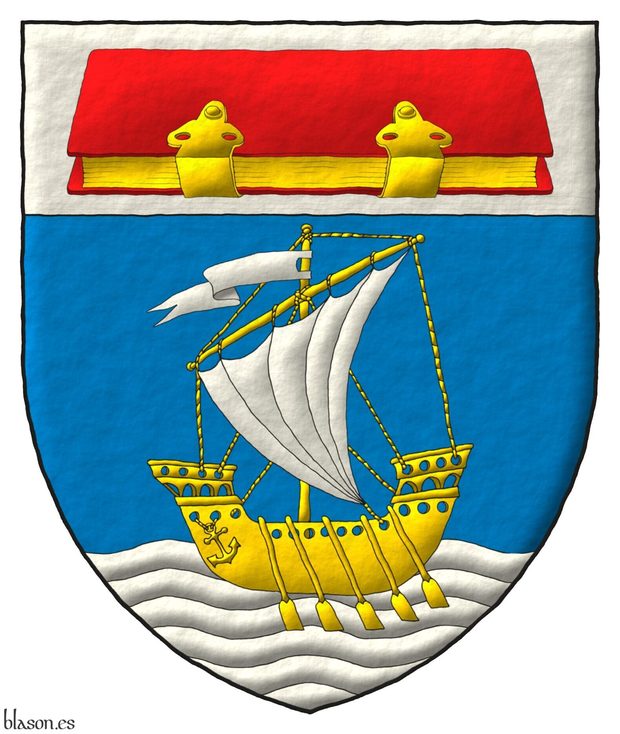 Departamento de Estrategia de Consultoria.IO Escudo de azur, en punta un mar ondado de plata sumado de un barco con remos de oro, con vela y gallardete de plata; en un jefe de plata, un libro cerrado y brochado de oro, tapas de gules.