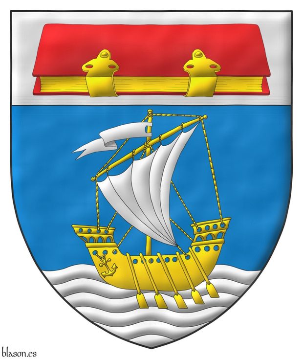 Strategy Department of Consultoria.IO Azure, on a wavy sea in base Argent, a ship oars in action Or, pennant flying, and in full sail Argent; on a chief Argent, a closed book Gules, edges and clasps Or.