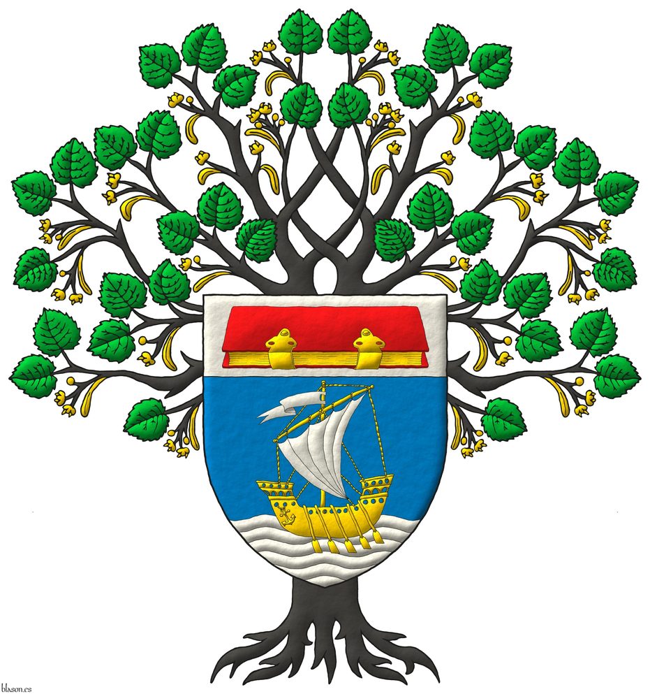 Escudo de azur, en punta un mar ondado de plata sumado de un barco con remos de oro, con vela y gallardete de plata; en un jefe de plata, un libro cerrado y brochado de oro, tapas de gules. Sostenido por un tilo arrancado de sable, hojado de sinople, frutado de oro acolado detrs del escudo.