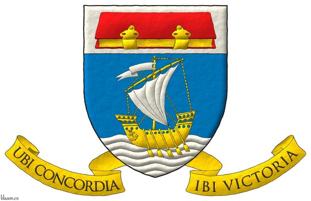 Departamento de Estrategia de Consultoria.IO, lema Escudo de azur, en punta un mar ondado de plata sumado de un barco con remos de oro, con vela y gallardete de plata; en un jefe de plata, un libro cerrado y brochado de oro, tapas de gules. Lema: «Ubi concordia ibi victoria» de sable sobre una filacteria de oro.