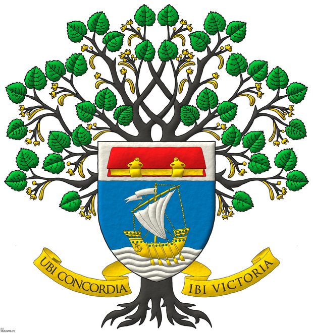 Un tilo sosteniendo las armas de Departamento de Estrategia de Consultoria.IO con lema Escudo de azur, en punta un mar ondado de plata sumado de un barco con remos de oro, con vela y gallardete de plata; en un jefe de plata, un libro cerrado y brochado de oro, tapas de gules. Sostenido por un tilo arrancado de sable, hojado de sinople, frutado de oro acolado detrás del escudo. Lema: «Ubi concordia ibi victoria» de sable sobre una filacteria de oro.