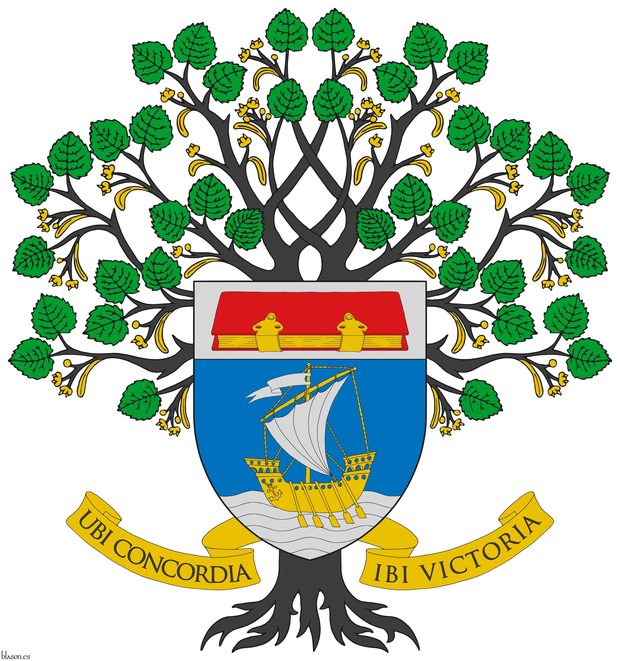 A liden supporting the arms of the Strategy Department of Consultoria.IO with motto Azure, on waves of the sea in base Argent, a ship oars in action Or, pennant flying, and in full sail Argent; on a chief Argent, a closed book Gules, edges and clasps Or. Supporter behind the shield: A linden eradicated Sable, leaved Vert, fructed Or. Motto: «Ubi concordia ibi victoria» Sable over a scroll Or.