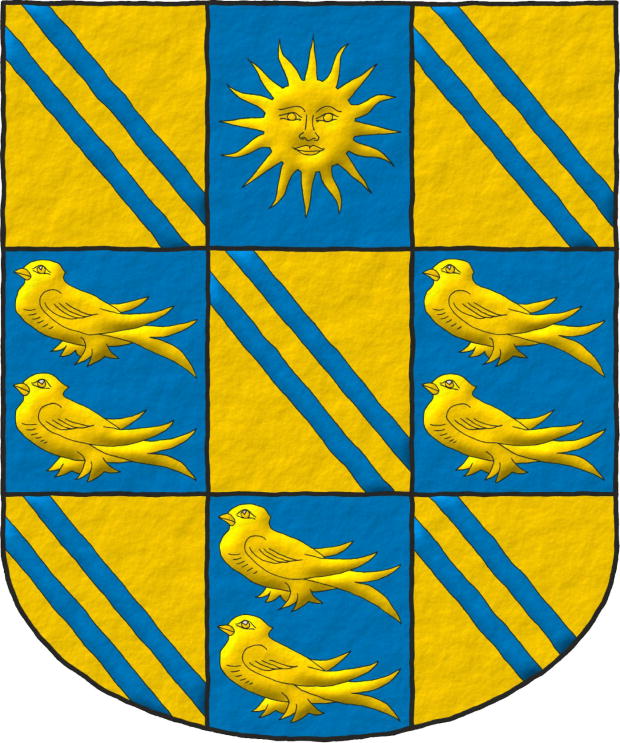 Escudo equipolado de oro y azur: 1o, 3o, 5o, 7o y 9o, dos cotizas de azur; 2o, un sol de oro; 4o, 6o y 8o, dos marletas de oro, en palo.