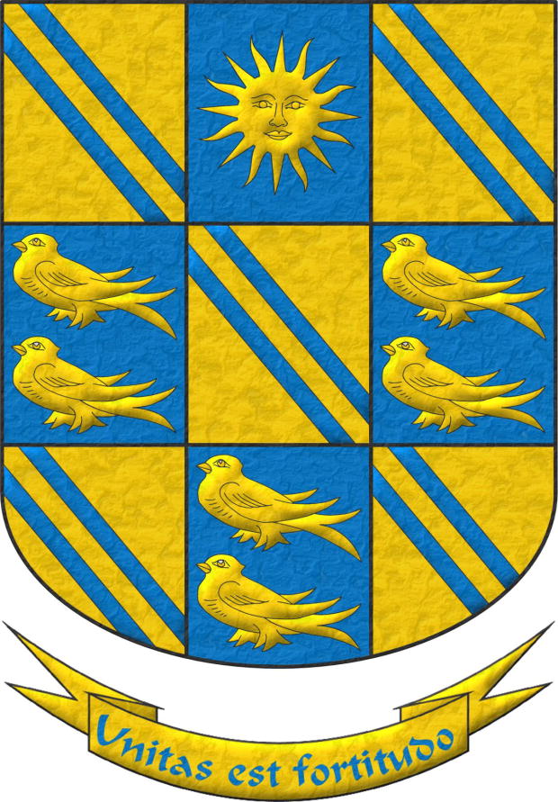 Escudo equipolado de oro y azur: 1o, 3o, 5o, 7o y 9o, dos cotizas de azur; 2o, un sol de oro; 4o, 6o y 8o, dos marletas de oro, en palo. Lema: Unitas est fortitudo