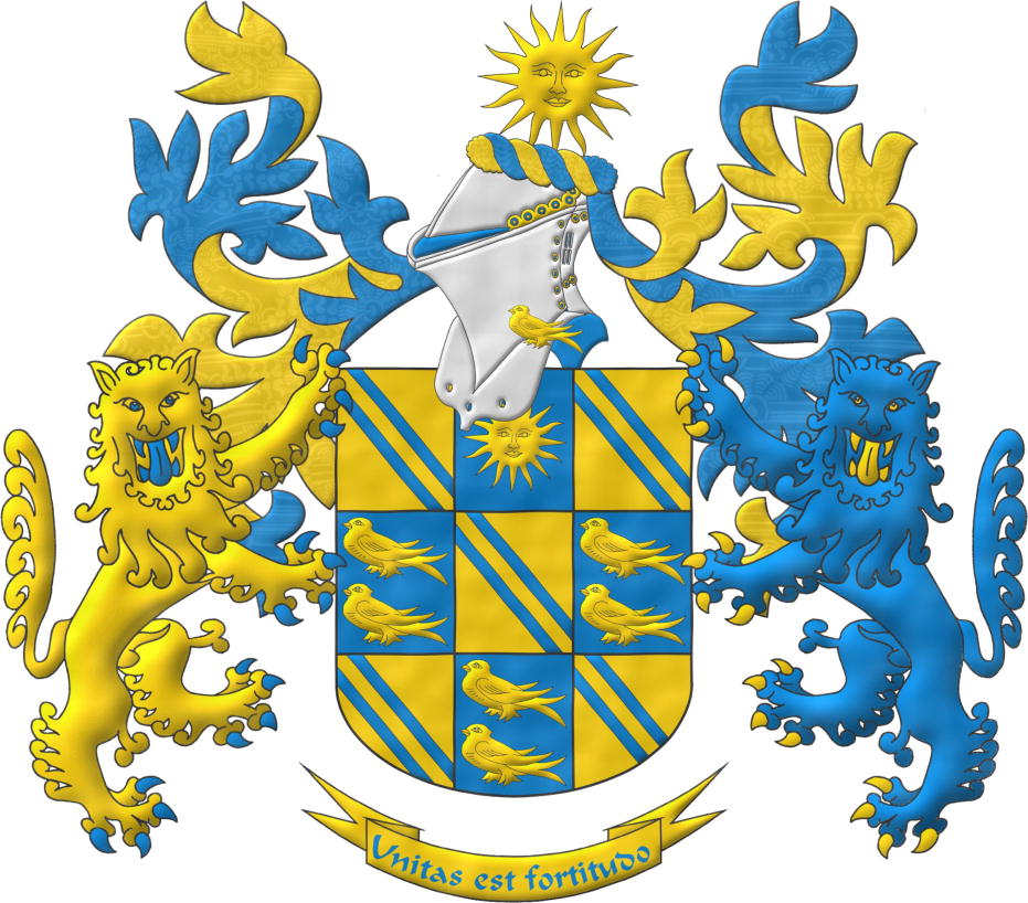 Escudo equipolado de oro y azur: 1o, 3o, 5o, 7o y 9o, dos cotizas de azur; 2o, un sol de oro; 4o, 6o y 8o, dos marletas de oro, en palo. Timbrado de un yelmo adornado con una marleta de oro y lambrequines, el diestro de azur y oro, el siniestro de oro y azur y burelete de oro y azur, cimado de un sol de oro. Soportes: Dos leopardos leonados, el diestro de oro, armado, lampasado, fierezado y encendido de azur y el siniestro de azur, armado, lampasado, fierezado y encendido de oro. Lema: Unitas est fortitudo