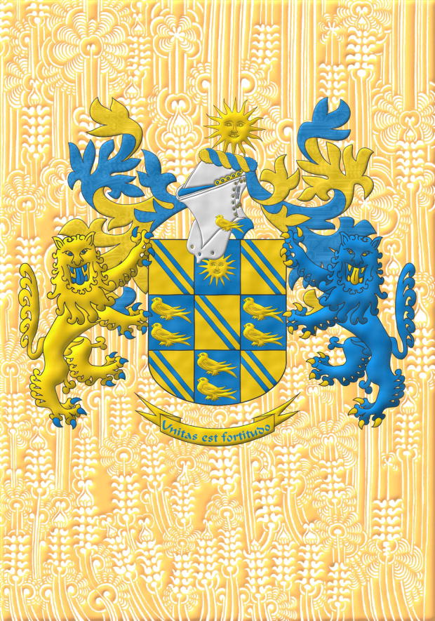 Escudo equipolado de oro y azur: 1o, 3o, 5o, 7o y 9o, dos cotizas de azur; 2o, un sol de oro; 4o, 6o y 8o, dos marletas de oro, en palo. Timbrado de un yelmo adornado con una marleta de oro y lambrequines, el diestro de azur y oro, el siniestro de oro y azur y burelete de oro y azur, cimado de un sol de oro. Soportes: Dos leopardos leonados, el diestro de oro, armado, lampasado, fierezado y encendido de azur y el siniestro de azur, armado, lampasado, fierezado y encendido de oro. Lema: Unitas est fortitudo