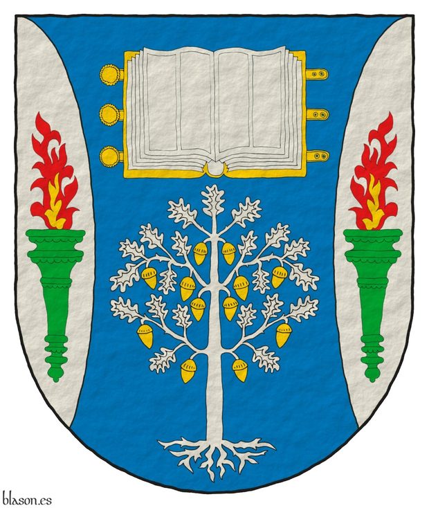 Azure, flanched Argent: in chief, an open book Argent, garnished Or; in base, an oak eradicated Argent, fructed Or; in each flank, a torch Vert, enflamed proper.