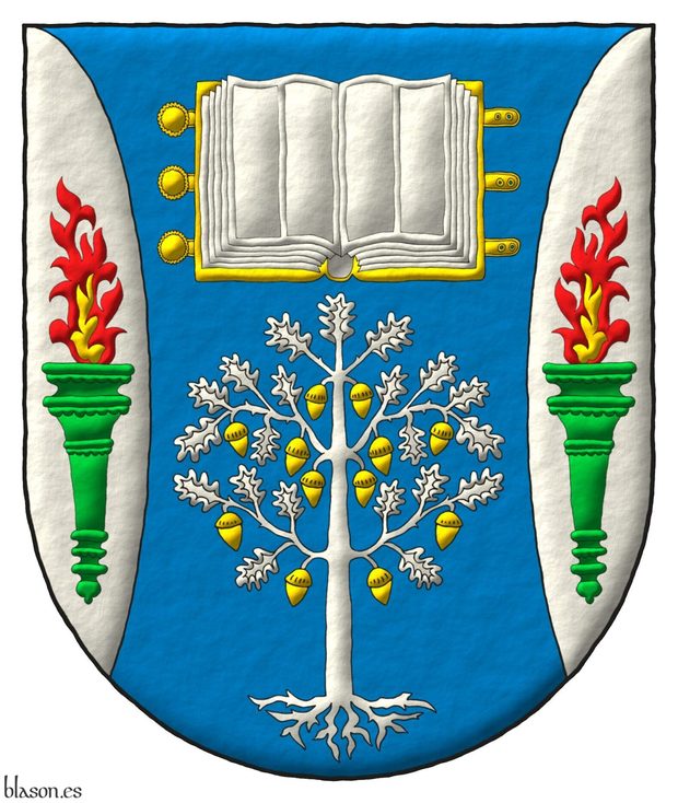 Escudo de azur, flanqueado curvo de plata: en jefe, un libro abierto de oro, hojado de plata; en punta, un roble arrancado de plata, frutado de oro; en cada flanco, una antorcha de sinople, encendida al natural.
