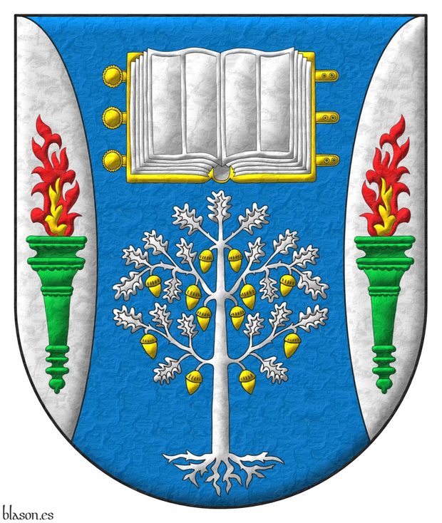 Azure, flanched Argent: in chief, an open book Argent, garnished Or; in base, an oak eradicated Argent, fructed Or; in each flank, a torch Vert, enflamed proper.