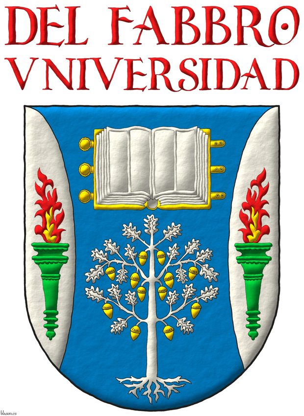 Escudo de azur, flanqueado curvo de plata: en jefe, un libro abierto de oro, hojado de plata; en punta, un roble arrancado de plata, frutado de oro; en cada flanco, una antorcha de sinople, encendida al natural. Divisa sobre el escudo: Del Fabro Universidad de gules.