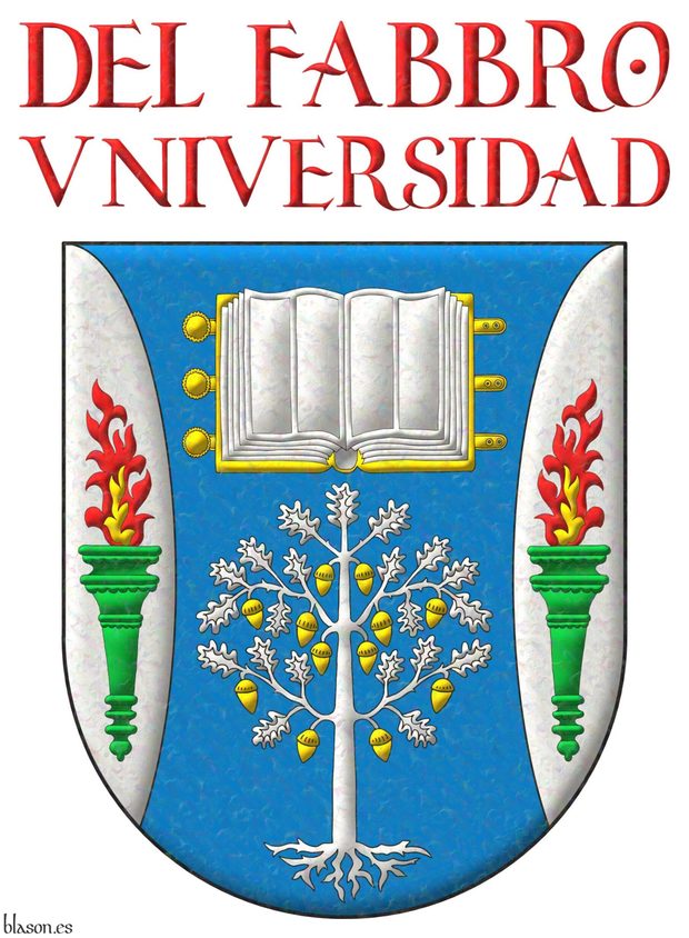 Azure, flanched Argent: in chief, an open book Argent, garnished Or; in base, an oak eradicated Argent, fructed Or; in each flank, a torch Vert, enflamed proper. Motto above the arms: Del Fabro Universidad Gules.