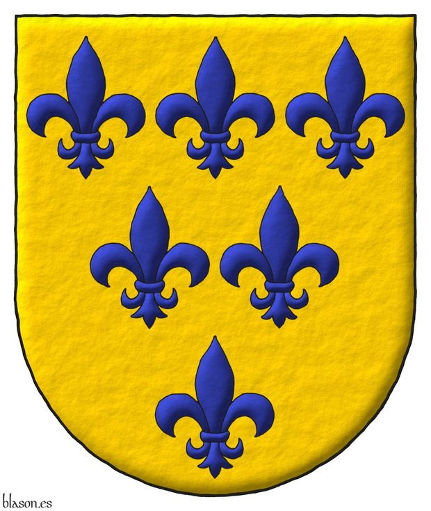 Or, six fleurs de lis Azure, 3, 2, and 1.
