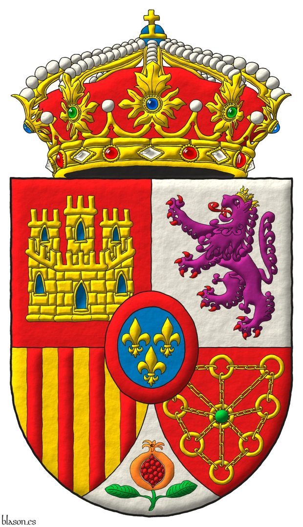 Escudo cuartelado: 1o de gules, un castillo de oro, aclarado de azur, mazonado de sable [de Castilla]; 2o de plata, un le�n rampante de p�rpura, lampasado y armado de gules, coronado de oro [de Le�n]; 3o de oro, con cuatro palos de gules [de Arag�n]; 4o de gules, una cadena puesta en orla, en cruz y en sotuer de oro, cargada en el centro de una esmeralda de sinople [de Navarra]; entado en punta de plata, una granada al natural, tajada de gules, tallada y hojada de sinople [de Granada]; un escus�n de azur, tres flores de lis de oro, 2 y 1, una bordura de gules [de Borb�n]. Timbrado de una corona real cerrada.