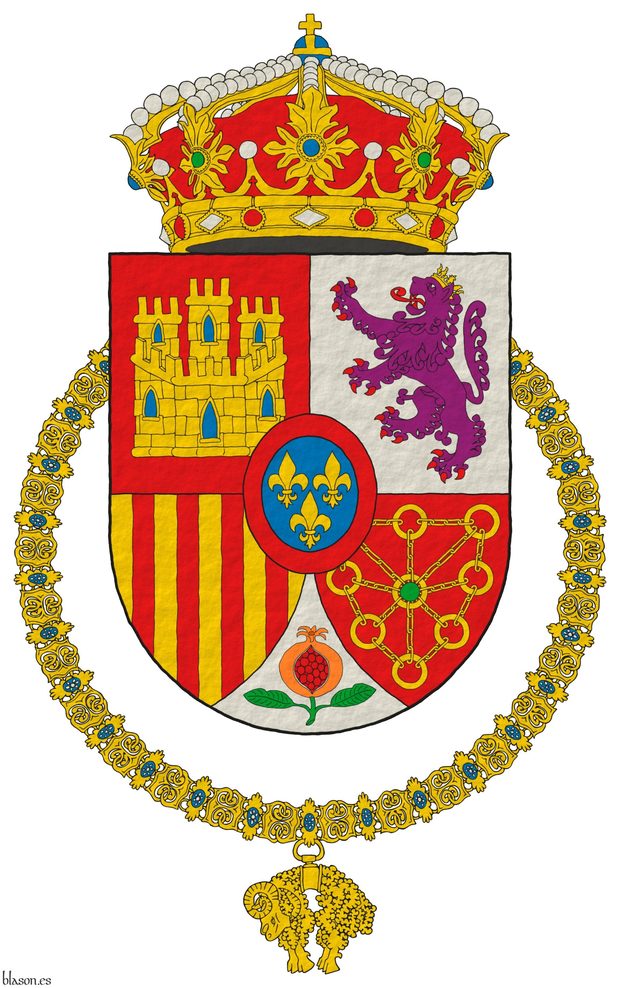 Escudo cuartelado: 1o de gules, un castillo de oro, aclarado de azur, mazonado de sable [de Castilla]; 2o de plata, un le�n rampante de p�rpura, lampasado y armado de gules, coronado de oro [de Le�n]; 3o de oro, con cuatro palos de gules [de Arag�n]; 4o de gules, una cadena puesta en orla, en cruz y en sotuer de oro, cargada en el centro de una esmeralda de sinople [de Navarra]; entado en punta de plata, una granada al natural, tajada de gules, tallada y hojada de sinople [de Granada]; un escus�n de azur, tres flores de lis de oro, 2 y 1, una bordura de gules [de Borb�n]. Timbrado de una corona real cerrada. El escudo est� rodeado del Tois�n de Oro.