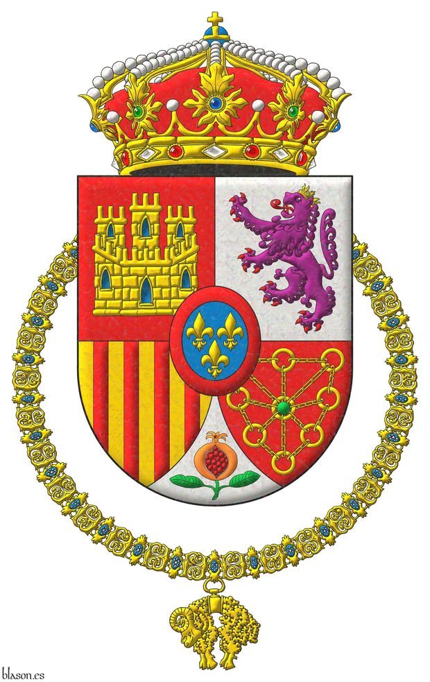Escudo cuartelado: 1o de gules, un castillo de oro, aclarado de azur, mazonado de sable [de Castilla]; 2o de plata, un le�n rampante de p�rpura, lampasado y armado de gules, coronado de oro [de Le�n]; 3o de oro, con cuatro palos de gules [de Arag�n]; 4o de gules, una cadena puesta en orla, en cruz y en sotuer de oro, cargada en el centro de una esmeralda de sinople [de Navarra]; entado en punta de plata, una granada al natural, tajada de gules, tallada y hojada de sinople [de Granada]; un escus�n de azur, tres flores de lis de oro, 2 y 1, una bordura de gules [de Borb�n]. Timbrado de una corona real cerrada. El escudo est� rodeado del Tois�n de Oro.