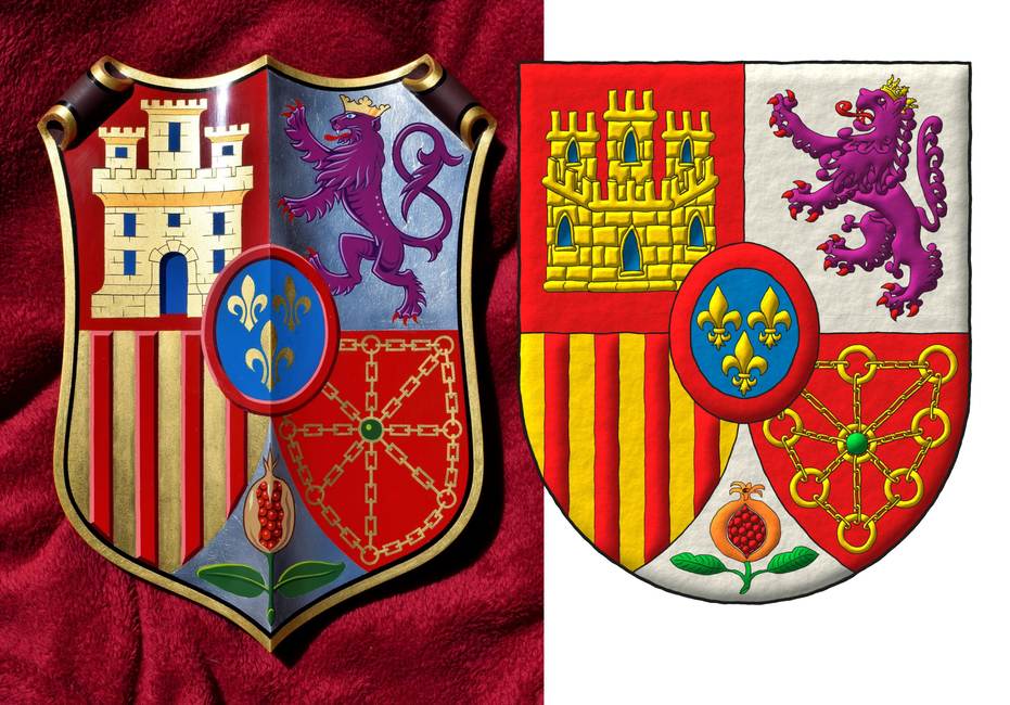 Escudo cuartelado: 1o de gules, un castillo de oro, aclarado de azur, mazonado de sable; 2o de plata, un le�n rampante de p�rpura, lampasado y armado de gules, coronado de oro; 3o de oro, con cuatro palos de gules; 4o de gules, una cadena puesta en orla, en cruz y en sotuer de oro, cargada en el centro de una esmeralda de sinople; entado en punta de plata, una granada al natural, tajada de gules, tallada y hojada de sinople; un escus�n de azur, tres flores de lis de oro, 2 y 1, una bordura de gules.