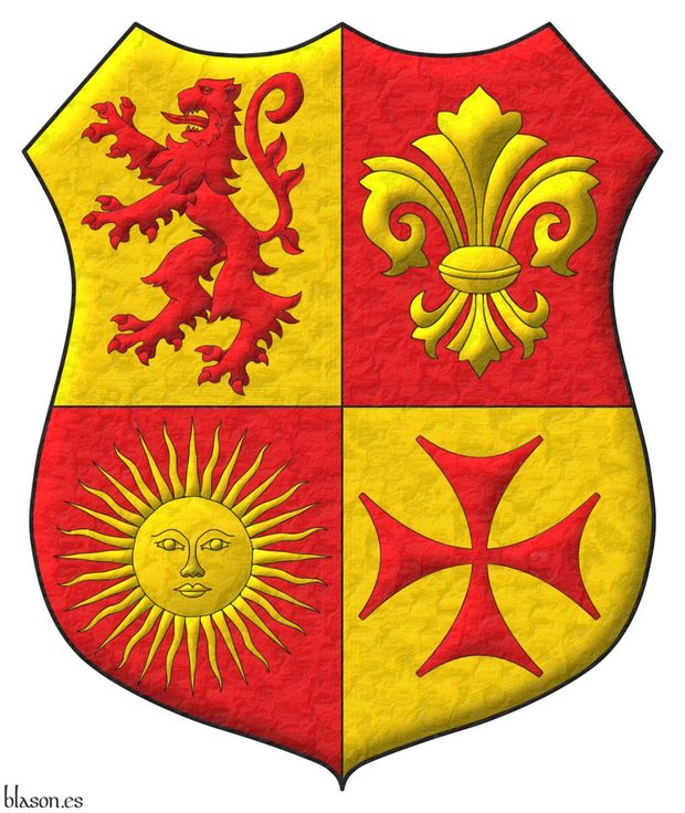 Escudo cuartelado: 1o de oro, un len rampante de gules; 2o de gules, una flor de lis de oro; 3o de gules, un sol de mayo de oro; 4o de oro, una cruz de Bolnisi de gules.