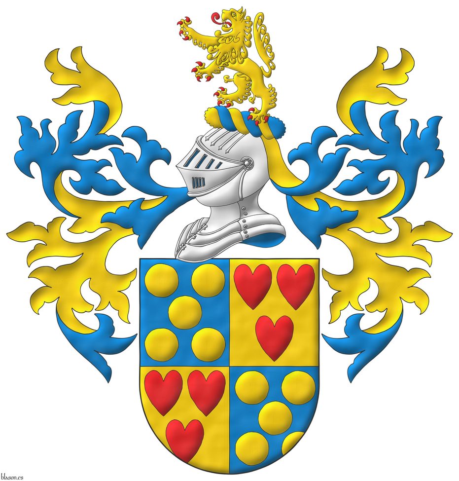 Escudo cuartelado: 1o y 4o de azur, cinco bezantes de oro en sotuer; 2o y 3o de oro, tres corazones de gules ordenados. Timbrado de un yelmo de plata; lambrequines de azur doblados de oro; y burelete de oro y azur; cimado de un len rampante de oro, lampasado y armado de gules.