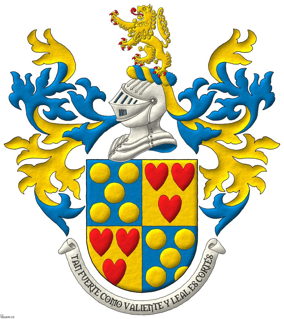 Escudo cuartelado: 1o y 4o de azur, cinco bezantes de oro en sotuer; 2o y 3o de oro, tres corazones de gules ordenados. Timbrado de un yelmo de plata; lambrequines de azur doblados de oro; y burelete de oro y azur; cimado de un len rampante de oro, lampasado y armado de gules. Lema: Tan fuerte como valiente y leal es Corts.