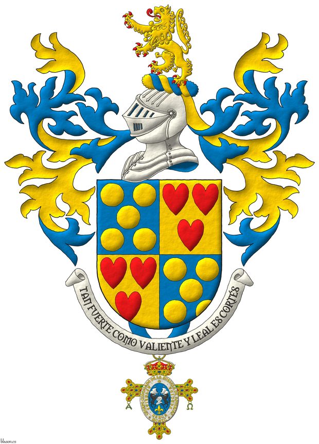 Escudo cuartelado: 1o y 4o de azur, cinco bezantes de oro en sotuer; 2o y 3o de oro, tres corazones de gules ordenados. Timbrado de un yelmo de plata; lambrequines de azur doblados de oro; y burelete de oro y azur; cimado de un len rampante de oro, lampasado y armado de gules. Pendiente de la punta la insignia del Cuerpo de la Nobleza del Principado de Asturias. Lema: Tan fuerte como valiente y leal es Corts.