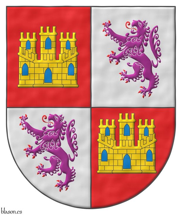 Quarterly: 1 and 4 Gules, a castle triple towered Or, port and windows Azure, masoned Sable; 2 and 3 Argent, a lion rampant Purpure, armed and langued Gules.