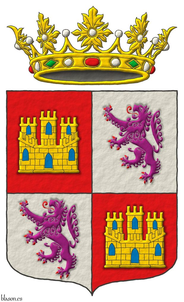 Quarterly: 1 and 4 Gules, a castle triple towered Or, port and windows Azure, masoned Sable; 2 and 3 Argent, a lion rampant Purpure, armed and langued Gules. Crest: An open royal crown Or.