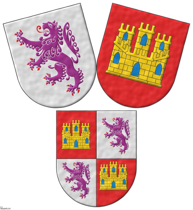 Quarterly: 1 and 4 Gules, a castle triple towered Or, port and windows Azure, masoned Sable; 2 and 3 Argent, a lion rampant Purpure, armed and langued Gules.