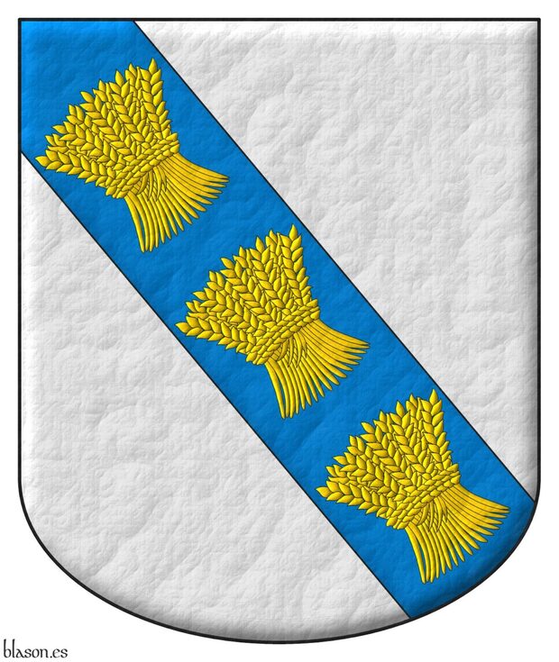 Escudo de plata, una banda de azur cargada de tres gavillas de trigo de oro, puestas en banda.