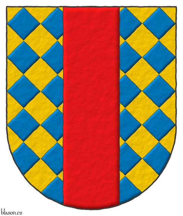 Escudo losanjado oro y azur, un palo de gules.