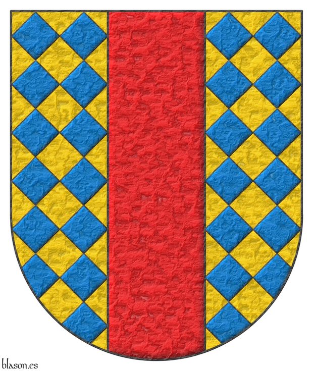 Escudo losanjado oro y azur, un palo de gules.