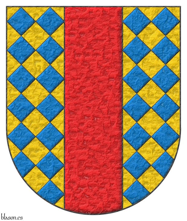 Escudo losanjado oro y azur, un palo de gules.