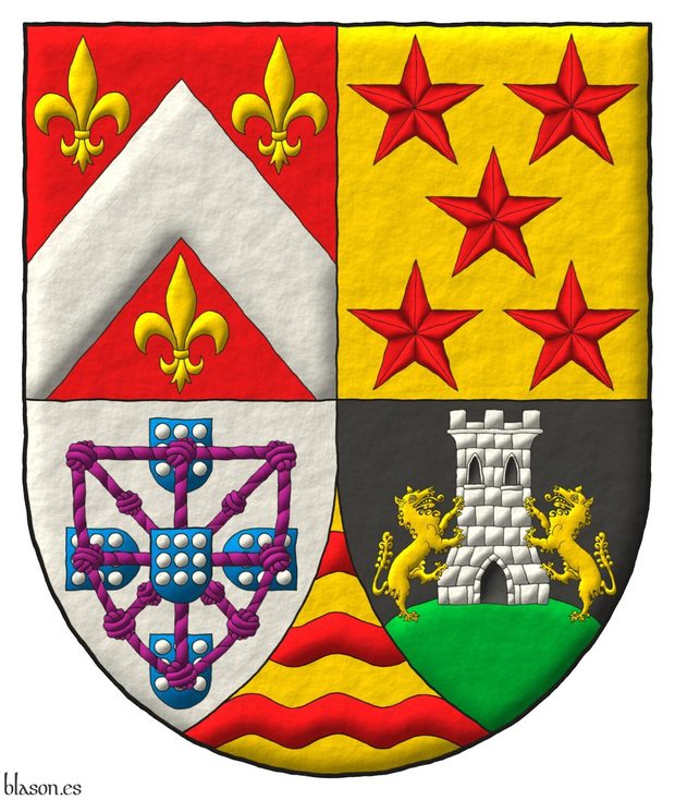 Escudo cuartelado: 1o de Gules, un cabrio de plata acompa�ado de tres flores de lis de oro; 2o de oro, cinco estrellas de seis puntas en sotuer de gules; 3o de plata, cuatro escudetes en cruz de azur, cada uno cargado de nueve bezantes de plata, 3, 3, 3, los dos escudetes de los flancos puestos en faja apuntando al del centro, brochante sobre el todo un carbunclo de cuerdas, orlado y anudado de p�rpura, y brochante sobre el todo del todo, un quinto escudete como los anteriores; 4o de sable, un monte moviente de la punta de sinople, sumado de una torre de plata, aclarada y mazonada de sable, con dos lobos de oro empinados a ella; Entado en punta de oro, tres fajas ondadas de gules.