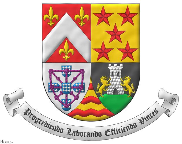 Quarterly: 1 Gules, a chevron Argent, between three fleurs de lis Or [for Fraz�o]; 2 Or, five mullets in saltire Gules [for Coutinho]; 3 Argent, four escutcheons in cross Azure, each charged with nine plates, those in flank with points to center, overall a carbuncle and orle of knotted cords Purpure debruised by the center escutcheons [for E�as]; 4 Sable, on a mount issuant from the base Vert, a tower Argent, port, windows and masoned sable, between two wolves Or supporting it [for C�mara]; ent� en point Or, three bars wavy Gules [for Drummond]. Motto: �Progrediendo Laborando Efficiendo Vinces�.