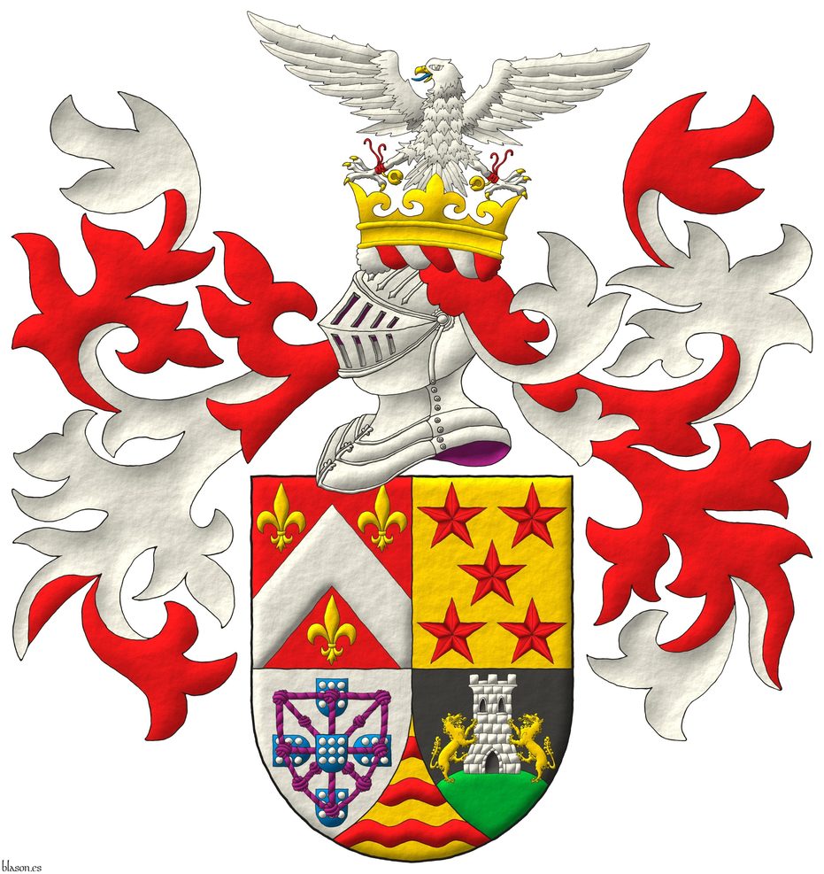 Escudo cuartelado: 1o de Gules, un cabrio de plata acompa�ado de tres flores de lis de oro; 2o de oro, cinco estrellas de seis puntas en sotuer de gules; 3o de plata, cuatro escudetes en cruz de azur, cada uno cargado de nueve bezantes de plata, 3, 3, 3, los dos escudetes de los flancos puestos en faja apuntando al del centro, brochante sobre el todo un carbunclo de cuerdas, orlado y anudado de p�rpura, y brochante sobre el todo del todo, un quinto escudete como los anteriores; 4o de sable, un monte moviente de la punta de sinople, sumado de una torre de plata, aclarada y mazonada de sable, con dos lobos de oro empinados a ella; Entado en punta de oro, tres fajas ondadas de gules. Timbrado de un yelmo adornado de dos lambrequines de gules doblados de plata, un burelete de plata y gules, cimado de una corona antigua de oro sumada de un halc�n de plata, avesado de gules, lampasado de azur, armado, picado y cascabelado de oro.
