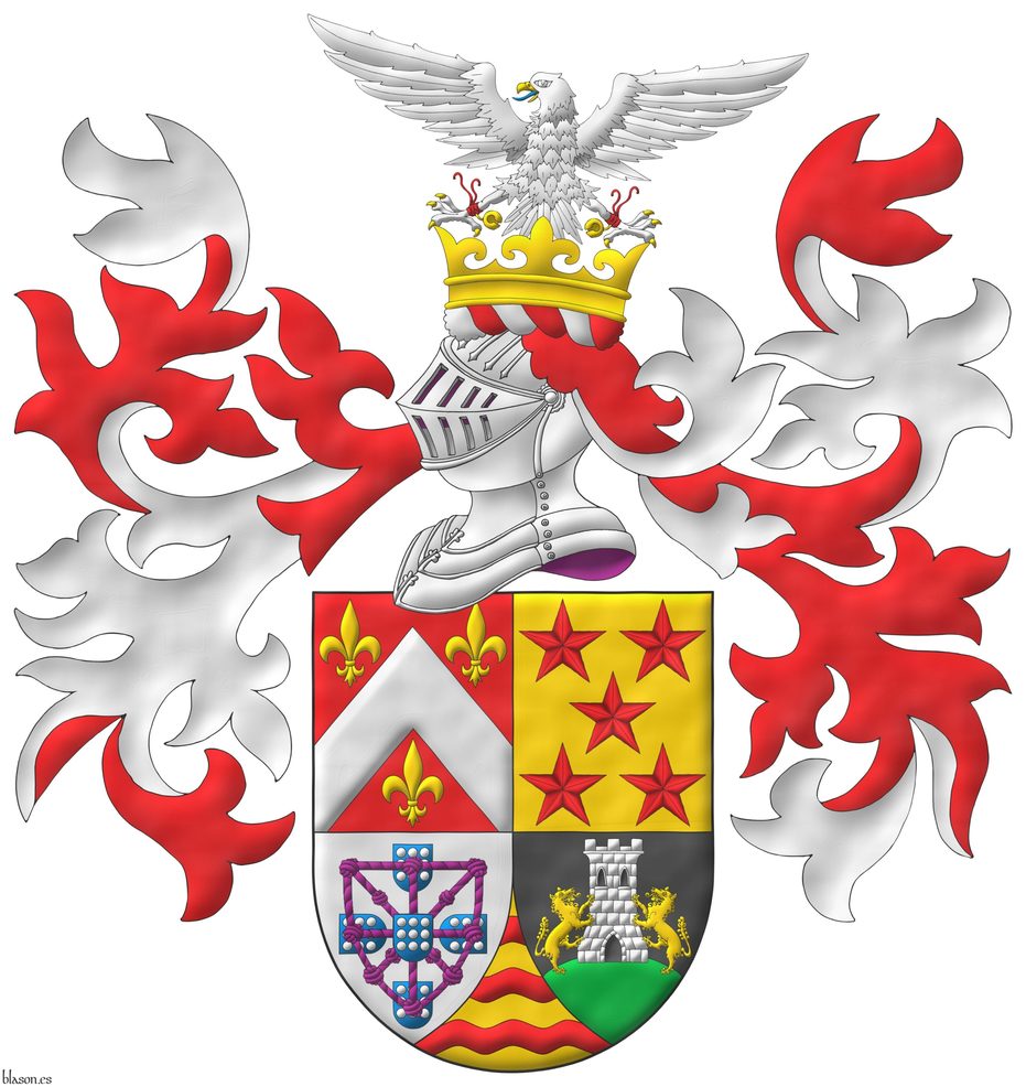 Quarterly: 1 Gules, a chevron Argent, between three fleurs de lis Or; 2 Or, five mullets in saltire Gules; 3 Argent, four escutcheons in cross Azure, each charged with nine plates, those in flank with points to center, overall a carbuncle and orle of knotted cords Purpure debruised by the center escutcheon; 4 Sable, on a mount issuant from the base Vert, a tower Argent, port, windows and masoned sable, between two wolves Or supporting it; ent� en point Or, three bars wavy Gules. Crest: Upon a helm, with a wreath Argent and Gules, on an ancient coronet Or, a falcon Argent, jessed Gules, langued Azure, armed, beaked and belled Or. Mantling: Gules doubled Argent.