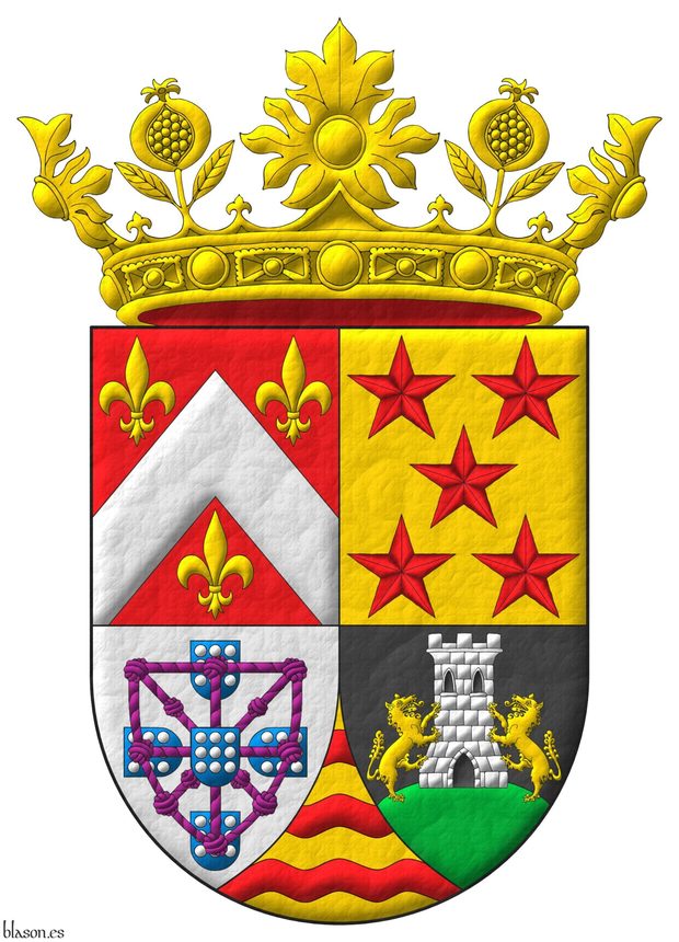 Escudo cuartelado: 1o de Gules, un cabrio de plata acompa�ado de tres flores de lis de oro; 2o de oro, cinco estrellas de seis puntas en sotuer de gules; 3o de plata, cuatro escudetes en cruz de azur, cada uno cargado de nueve bezantes de plata, 3, 3, 3, los dos escudetes de los flancos puestos en faja apuntando al del centro, brochante sobre el todo un carbunclo de cuerdas, orlado y anudado de p�rpura, y brochante sobre el todo del todo, un quinto escudete como los anteriores; 4o de sable, un monte moviente de la punta de sinople, sumado de una torre de plata, aclarada y mazonada de sable, con dos lobos de oro empinados a ella; Entado en punta de oro, tres fajas ondadas de gules. Timbrado de una corona de la Soberana y Muy Noble Orden de la Granada.