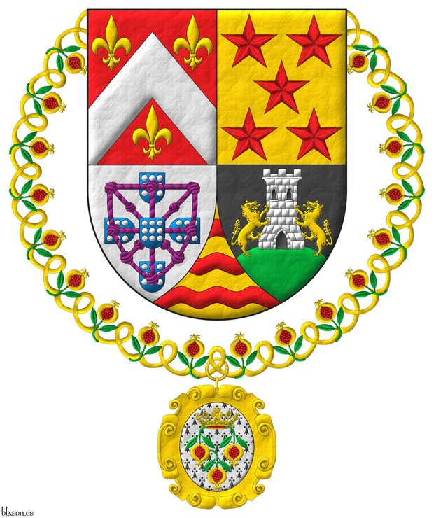 Quarterly: 1 Gules, a chevron Argent, between three fleurs de lis Or; 2 Or, five mullets in saltire Gules; 3 Argent, four escutcheons in cross Azure, each charged with nine plates, those in flank with points to center, overall a carbuncle and orle of knotted cords Purpure debruised by the center escutcheon; 4 Sable, on a mount issuant from the base Vert, a tower Argent, port, windows and masoned sable, between two wolves Or supporting it; ent� en point Or, three bars wavy Gules. The shield is surrounded by the collar of the Sovereign and Most Noble Order of the Pomegranate.